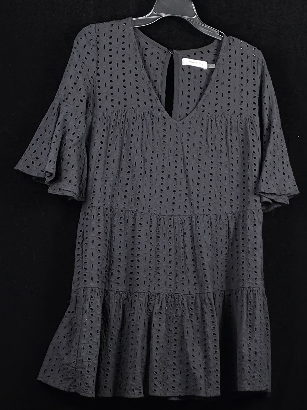 #128 Mustard Seed S Black Eyelet Tiered Dress Lined Pockets